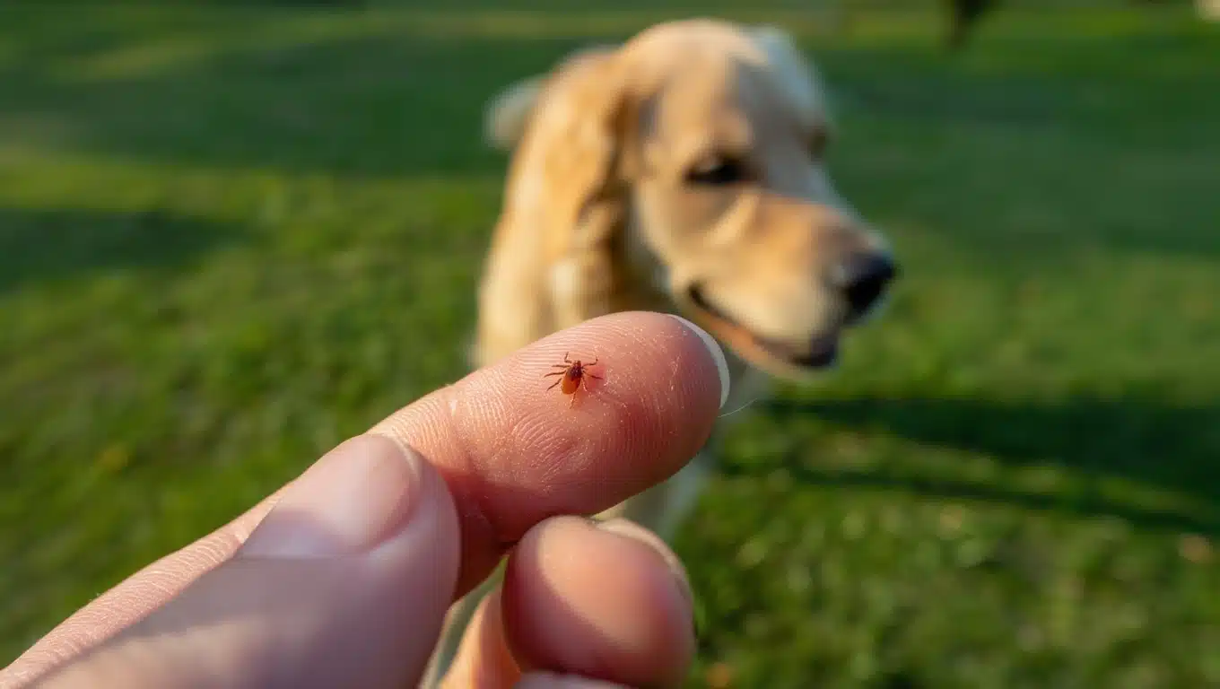 A small brown tick on a person's fingertip with a Golden Retriever in the background, showing relative tick size