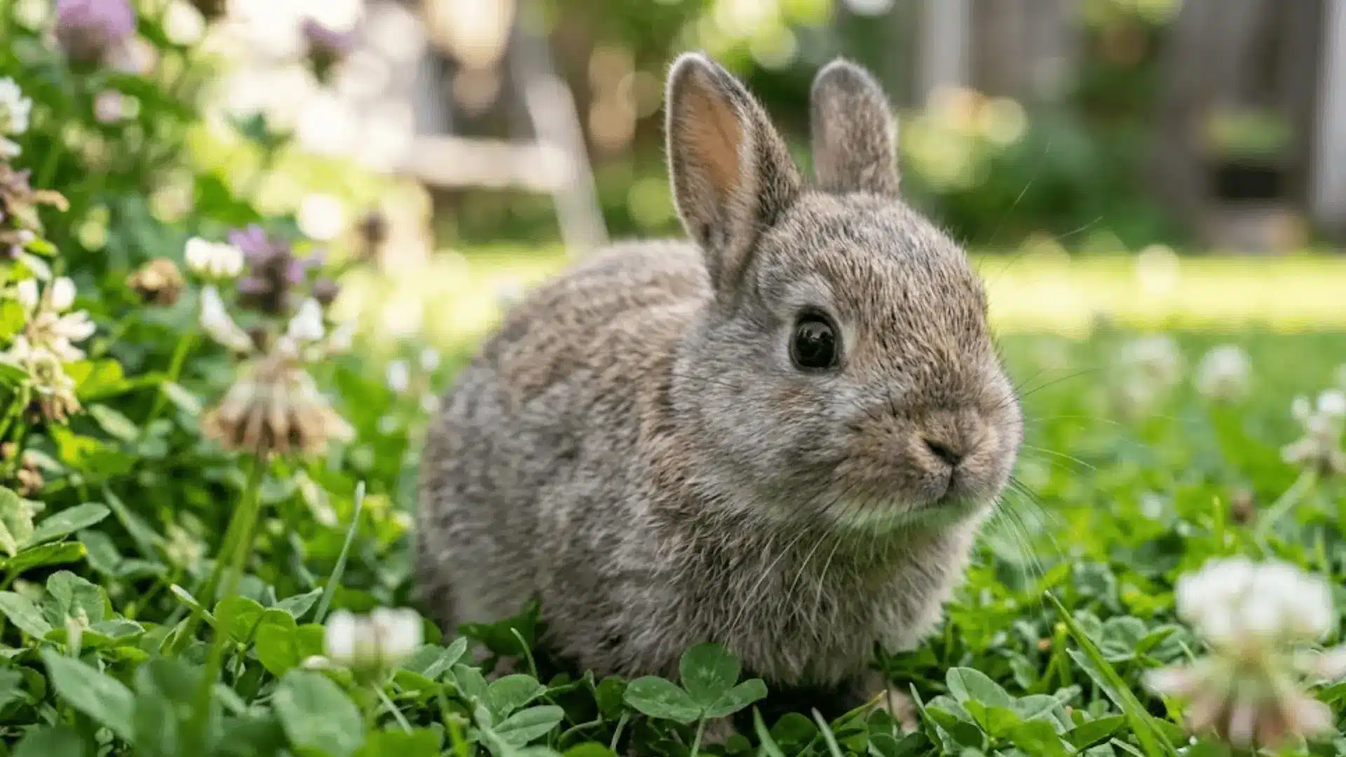 A small grey Netherland Dwarf rabbit with short ears sitting in a lush green clover field
