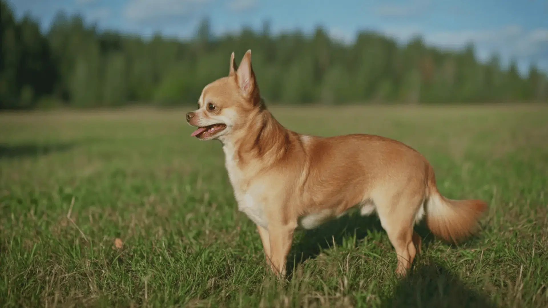 A small light brown, apple head chihuahua dog standing in an open field.