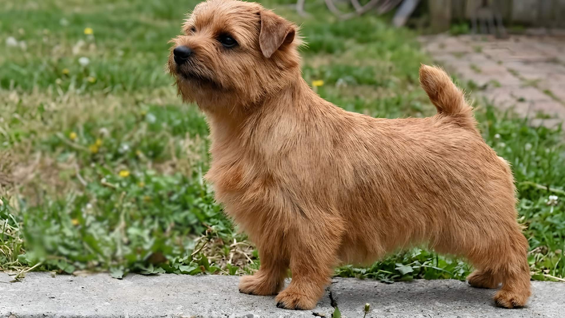 A small tan Norfolk Terrier standing on a brick paved walkway