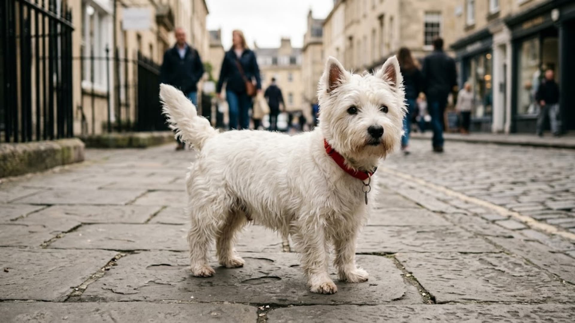 A small white West Highland White Terrier standing on a stone pavement