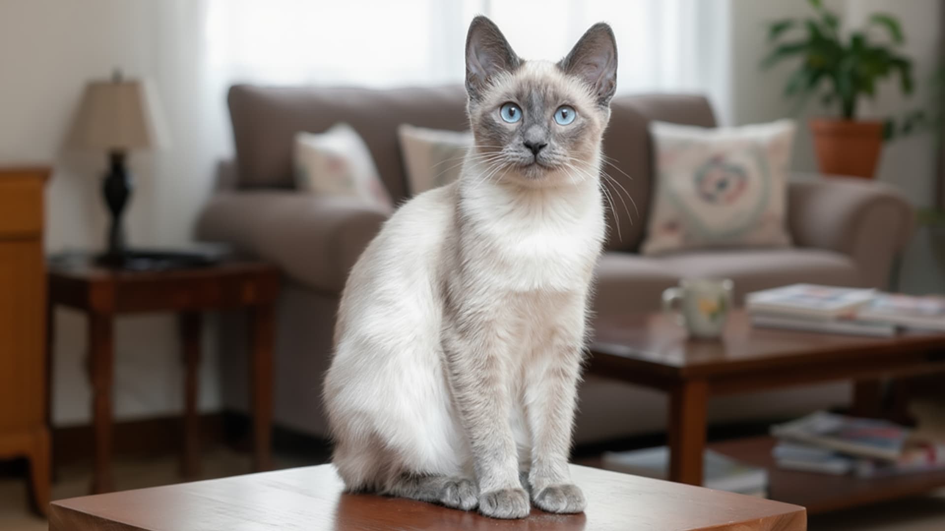 A snowshoe cat with blue eyes sits on a cream-colored rug in a living room