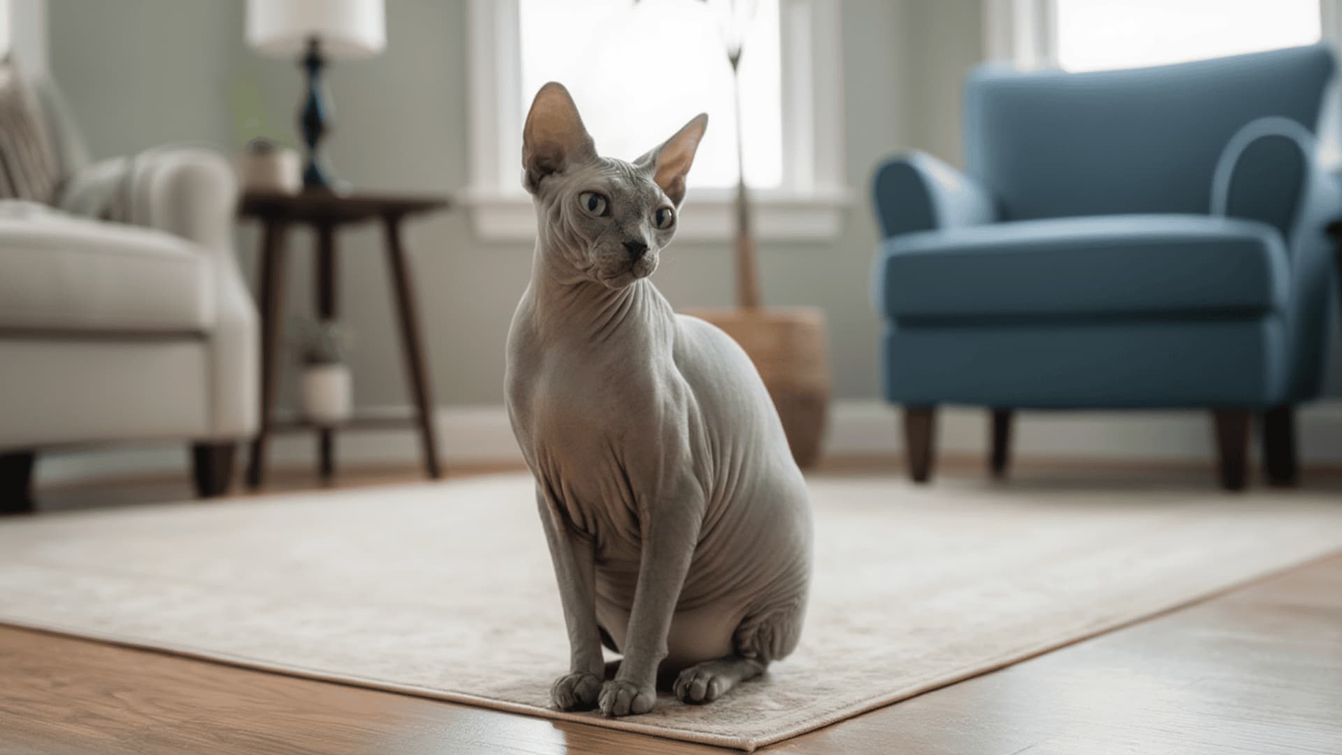 A sphnyx cat sits on a floorin a cozy, living room.