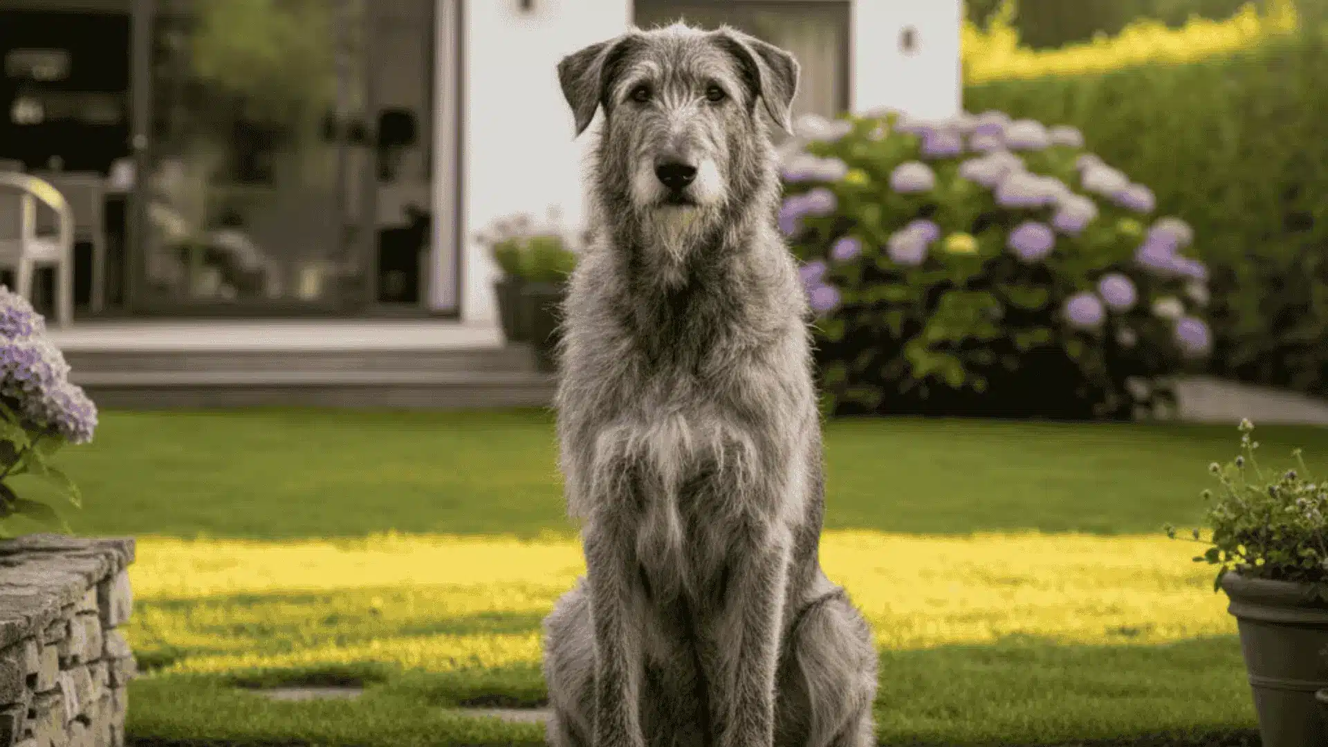 A tall, wiry-haired Irish Wolfhound sitting on a stone patio in a beautifully landscaped backyard