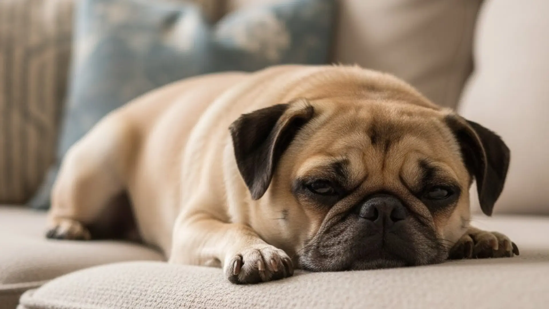 A tan pug resting its head and laying down comfortably on a light-colored fabric sofa