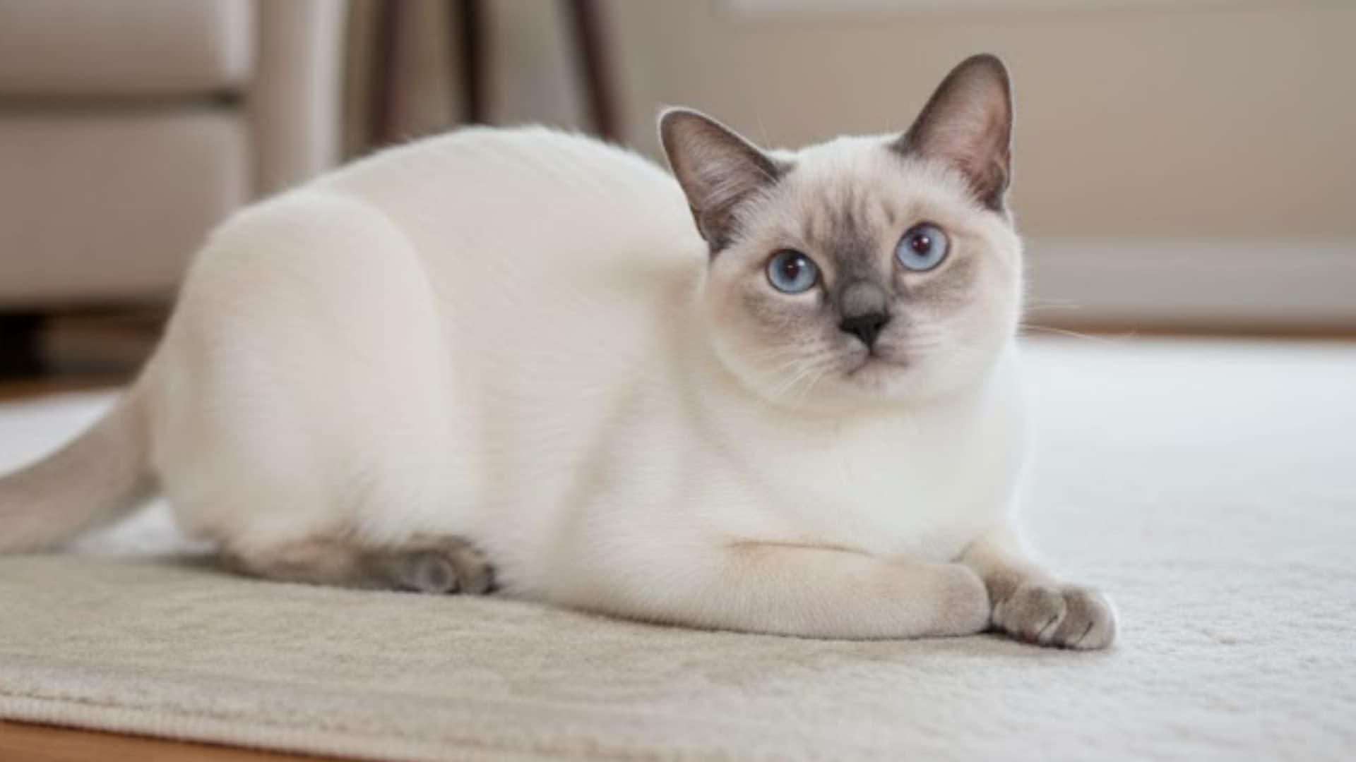 A tonkinese cat with blue eyes sits on a cream-colored rug in a living room