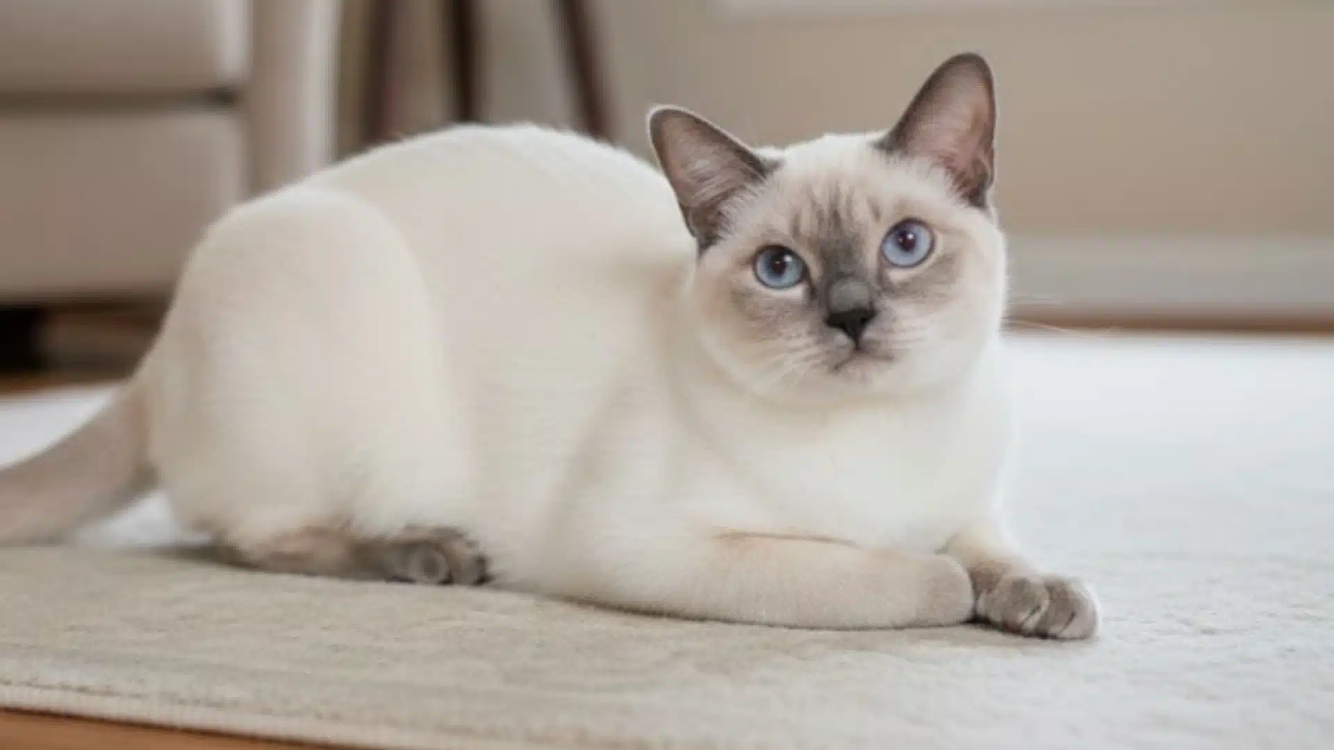 A tonkinese cat with blue eyes sits on a cream-colored rug in a living room