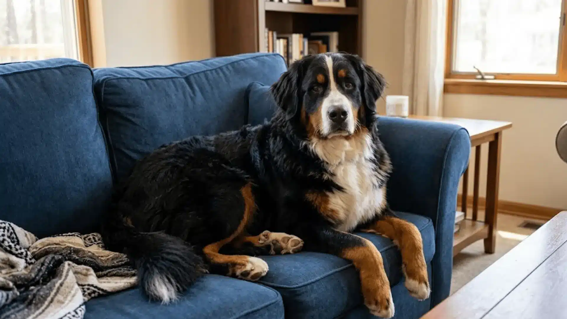A tricolor Bernese Mountain Dog with a thick coat sits comfortably on a blue fabric sofa in a sunlit living room