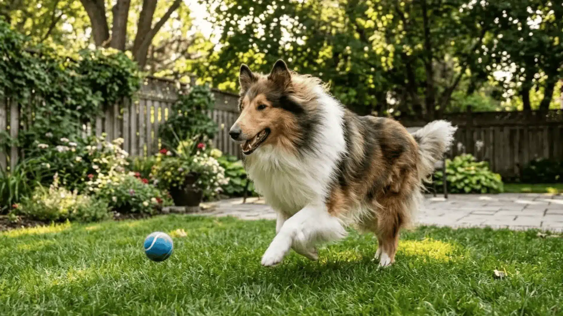 A tricolor Rough Collie with a long, elegant coat runs across a green lawn in a lush backyard toward a blue ball