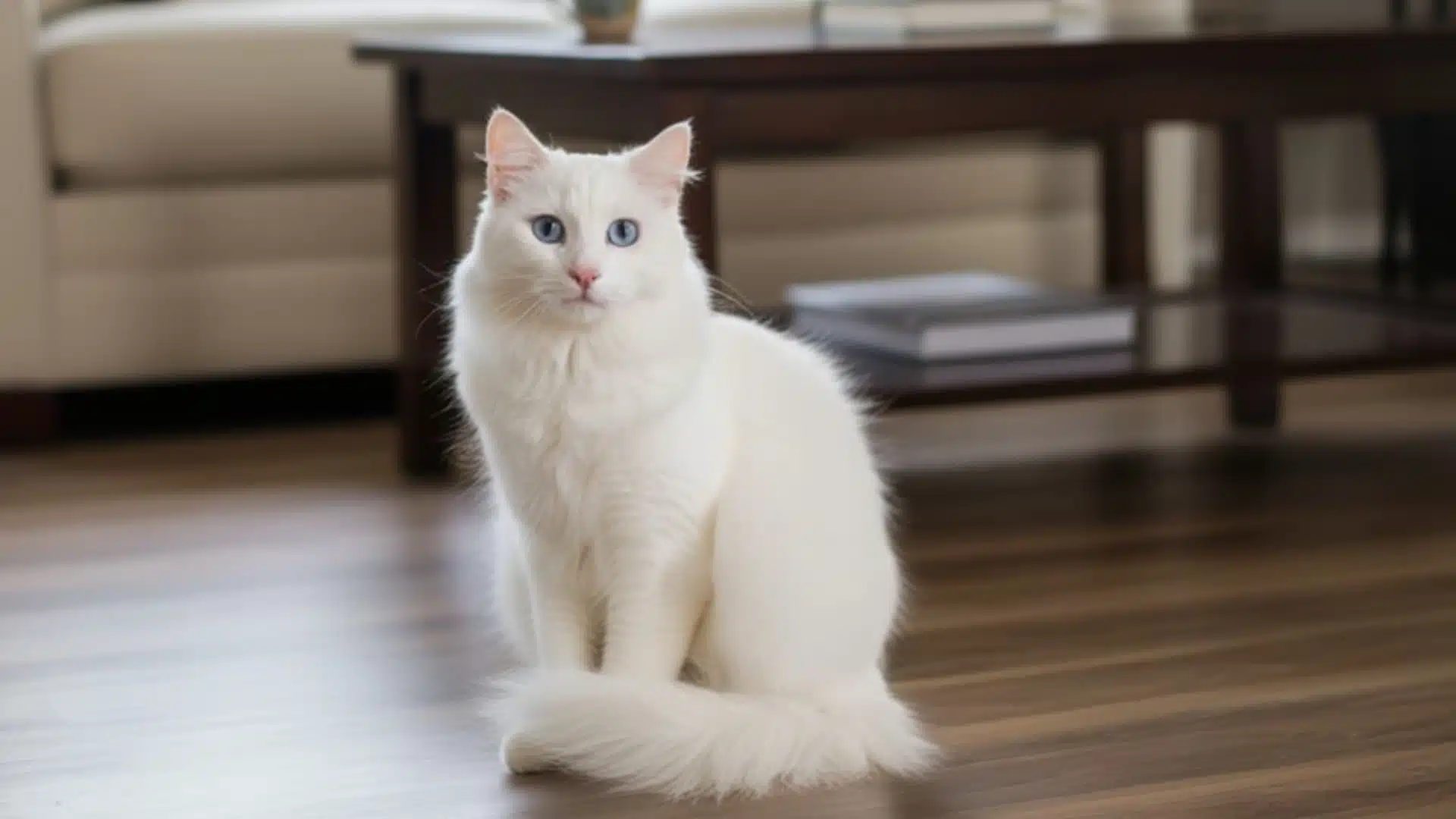 A turkish angora cat with blue eyes sits on a cream-colored rug in a living room