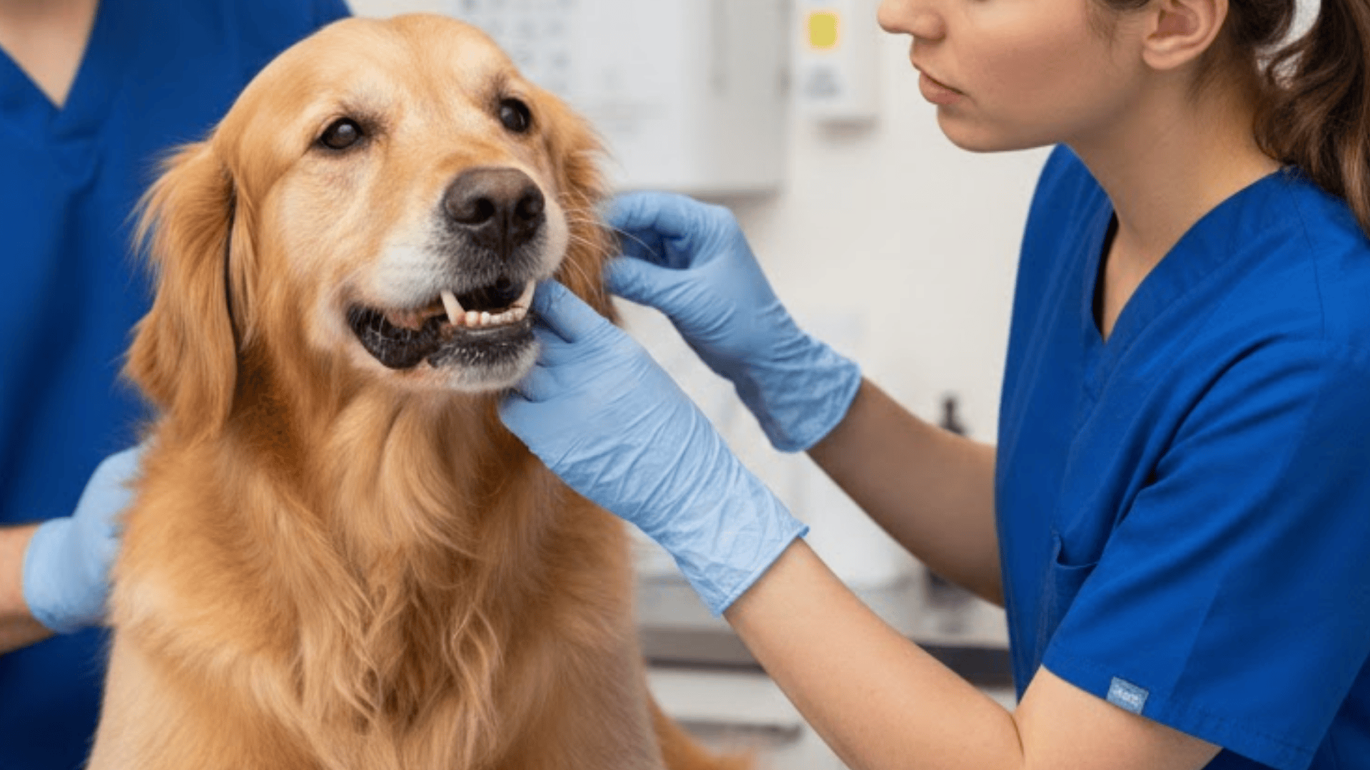 A veterinarian examines a dog's mouth next to a sharp, chewed antler in a clinic.