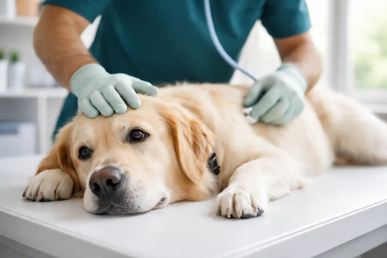 A veterinarian examining a calm Golden Retriever to diagnose the underlying cause of dog constipation symptoms