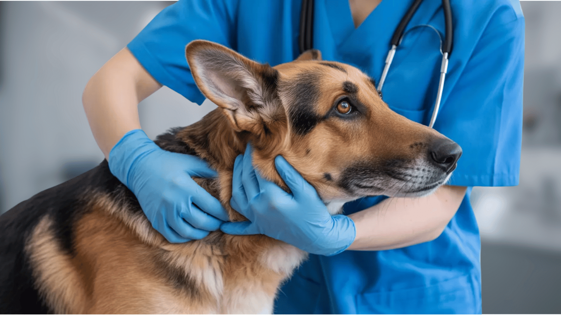 A veterinarian wearing blue scrubs and gloves examines a German Shepherd dog, gently holding its neck and head during a checkup in a clinical setting