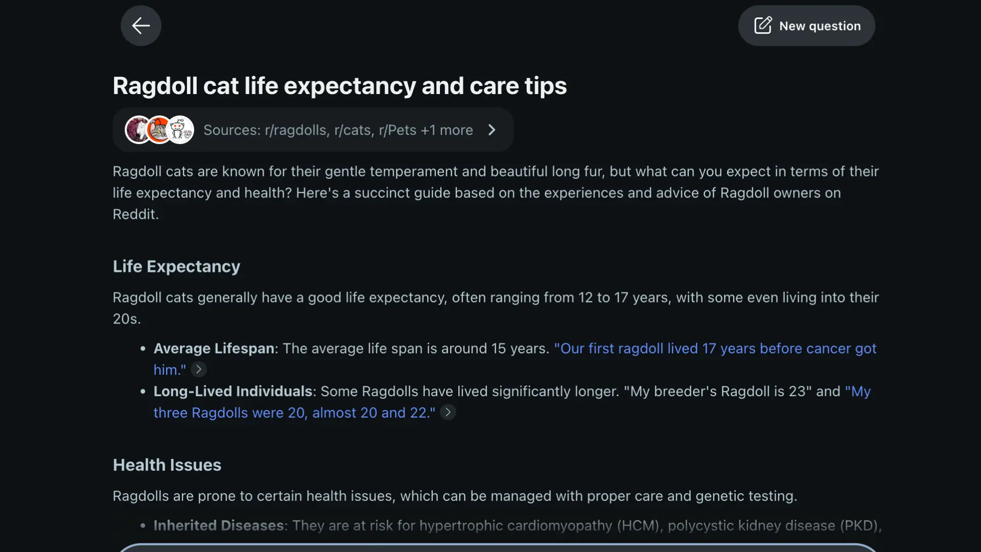 A webpage titled _Ragdoll cat life expectancy and care tips_ discusses Ragdoll cat lifespan of 12-17 years and health issues like heart disease