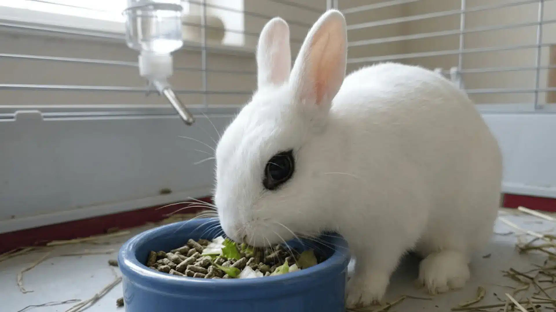 A white Dwarf Hotot rabbit with dark eye rings eating pellets from a blue ceramic bowl
