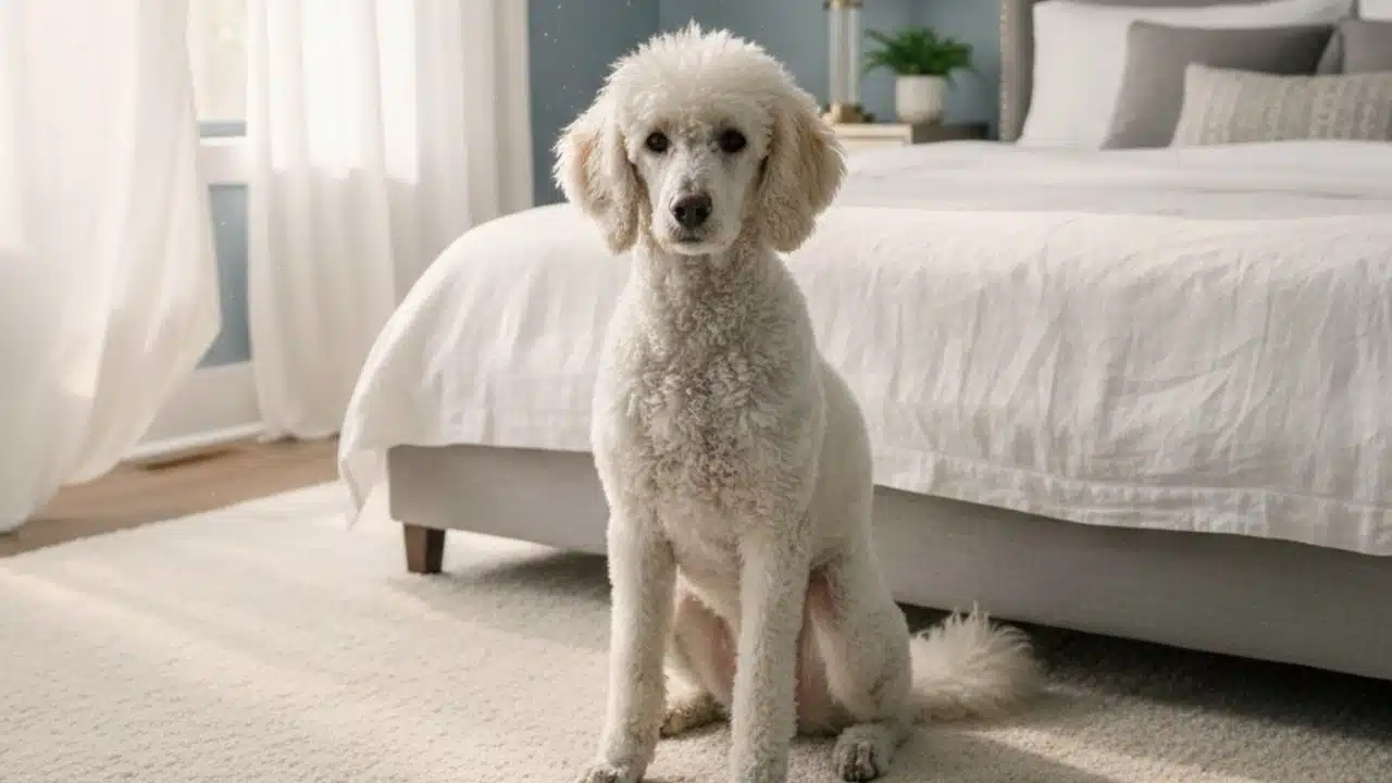 A white Poodle sitting attentively on a cream carpet in a modern, sunlit bedroom