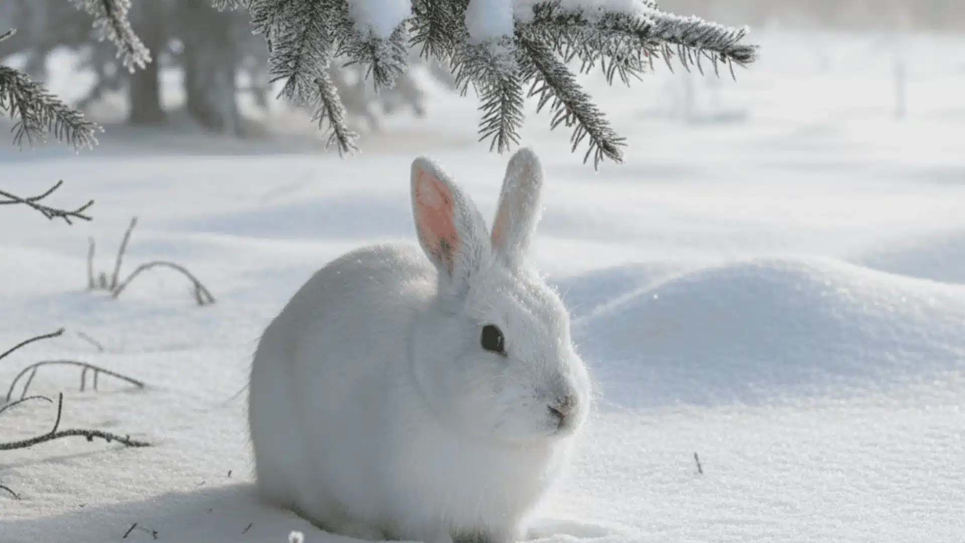 A white rabbit sits in deep snow beneath the frost-covered branches of an evergreen tree