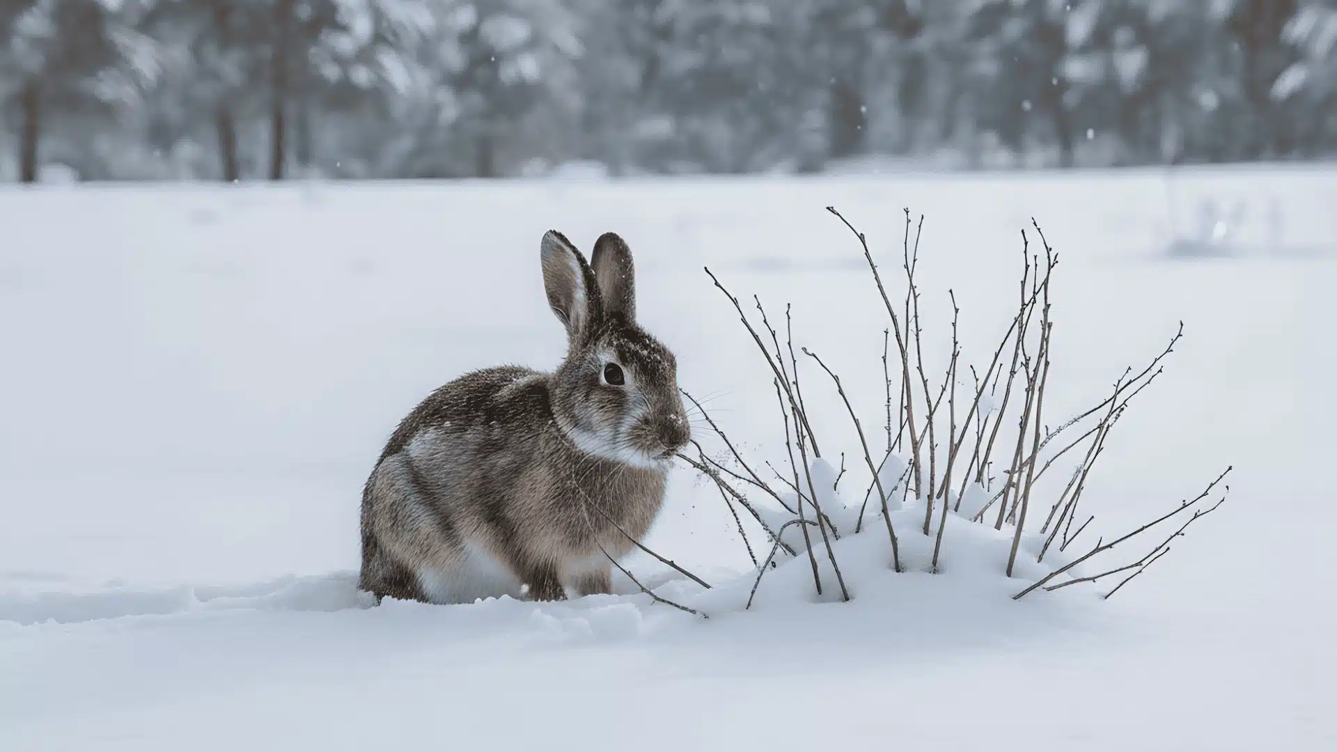 A wild brown rabbit sits in a snowy field, nibbling on bare twigs during winter