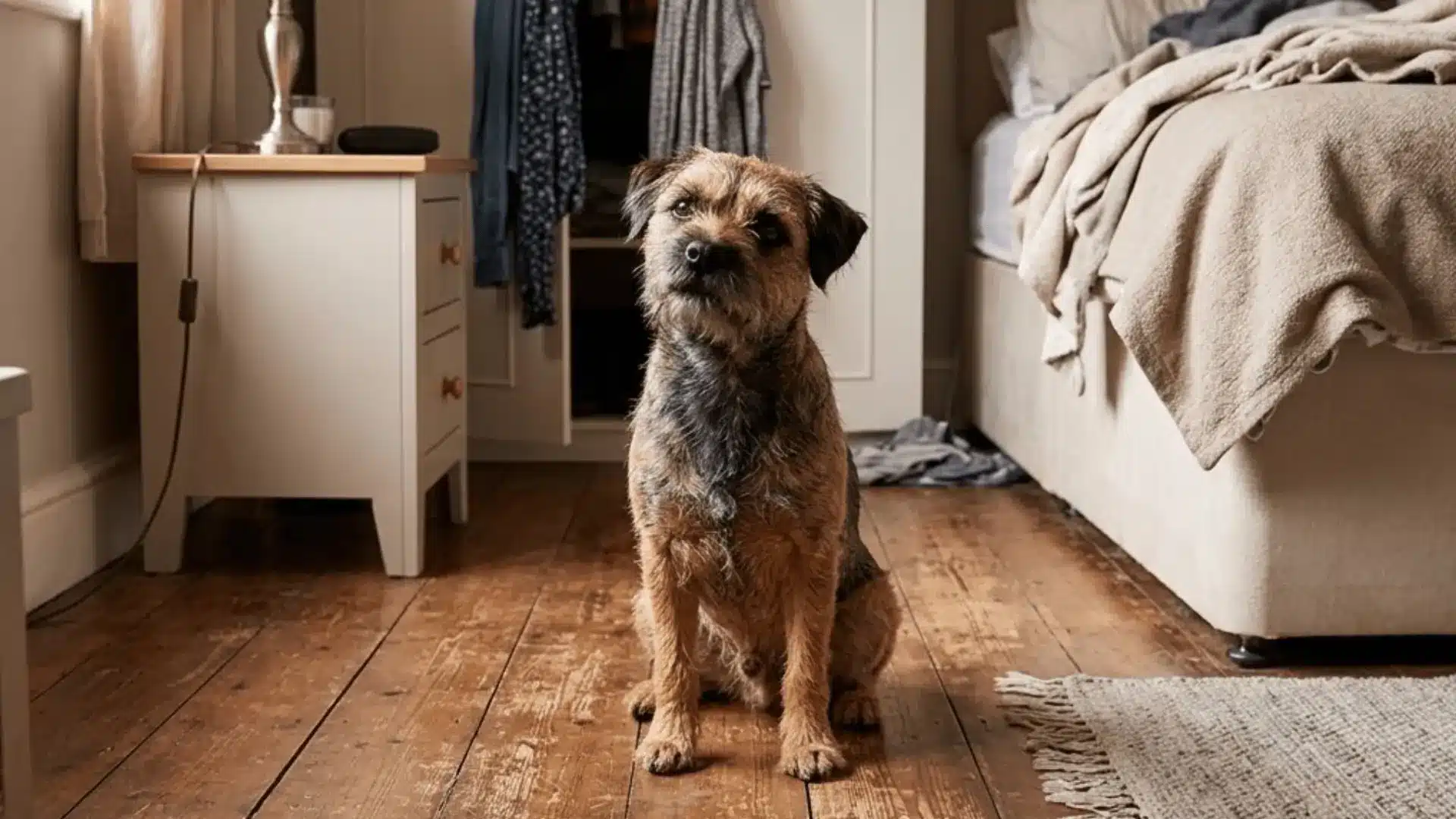 A wire-haired Border Terrier sits on the hardwood floor of a rumpled bedroom, looking up at the camera.