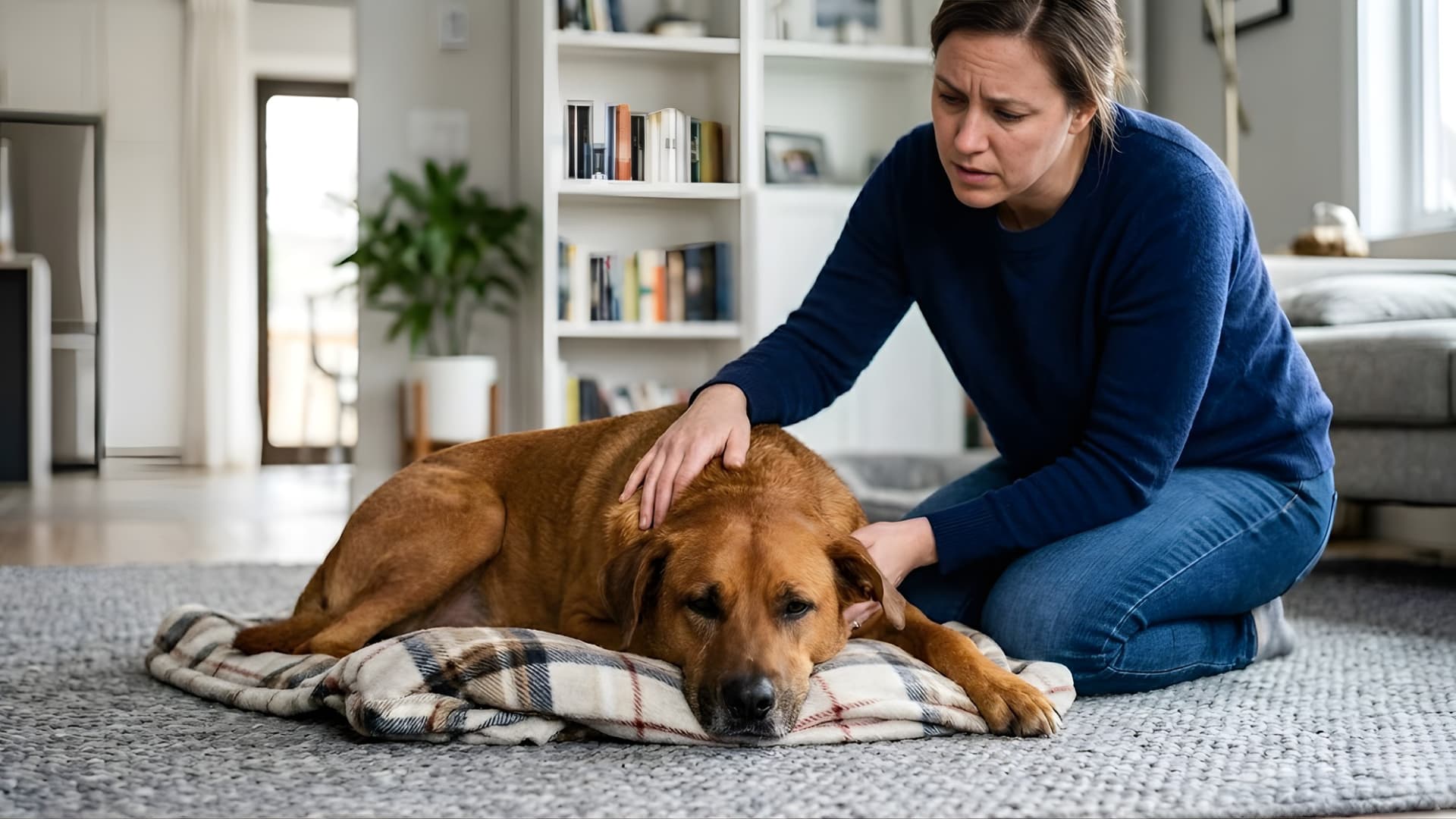 A worried dog owner kneeling beside a sick dog on a living room floor