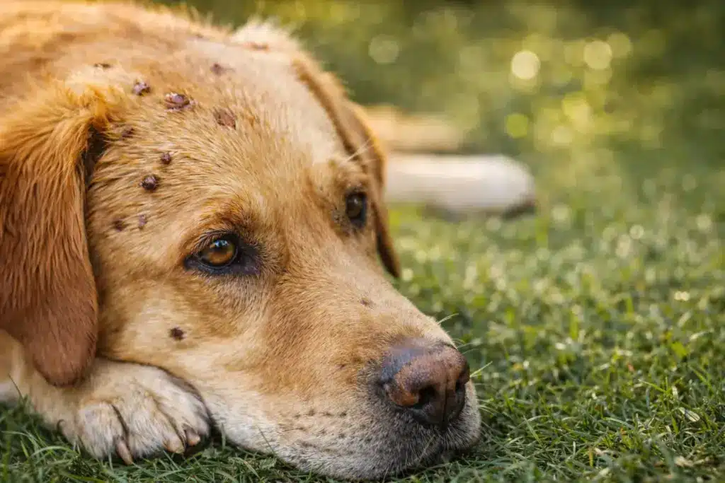 A yellow lab with several ticks attached to its head and face, requiring immediate veterinary attention
