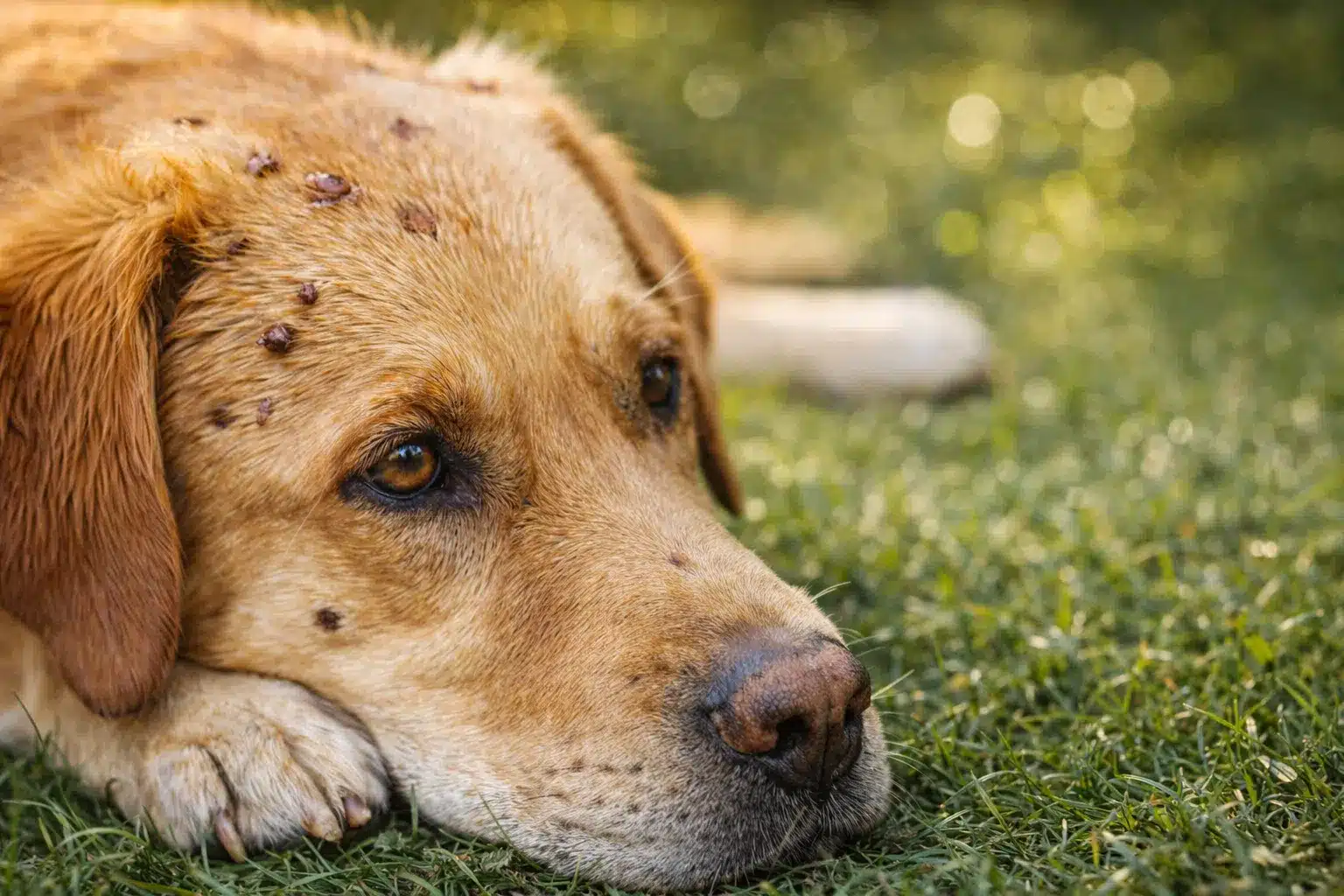 A yellow lab with several ticks attached to its head and face, requiring immediate veterinary attention