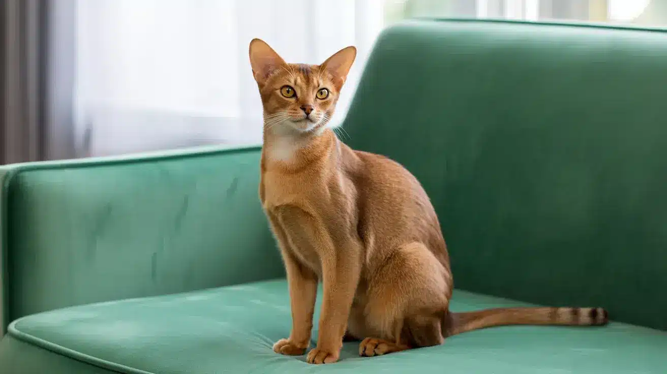 Abyssinian cat sitting upright on a green sofa with alert ears and golden eyes in a bright indoor settingN