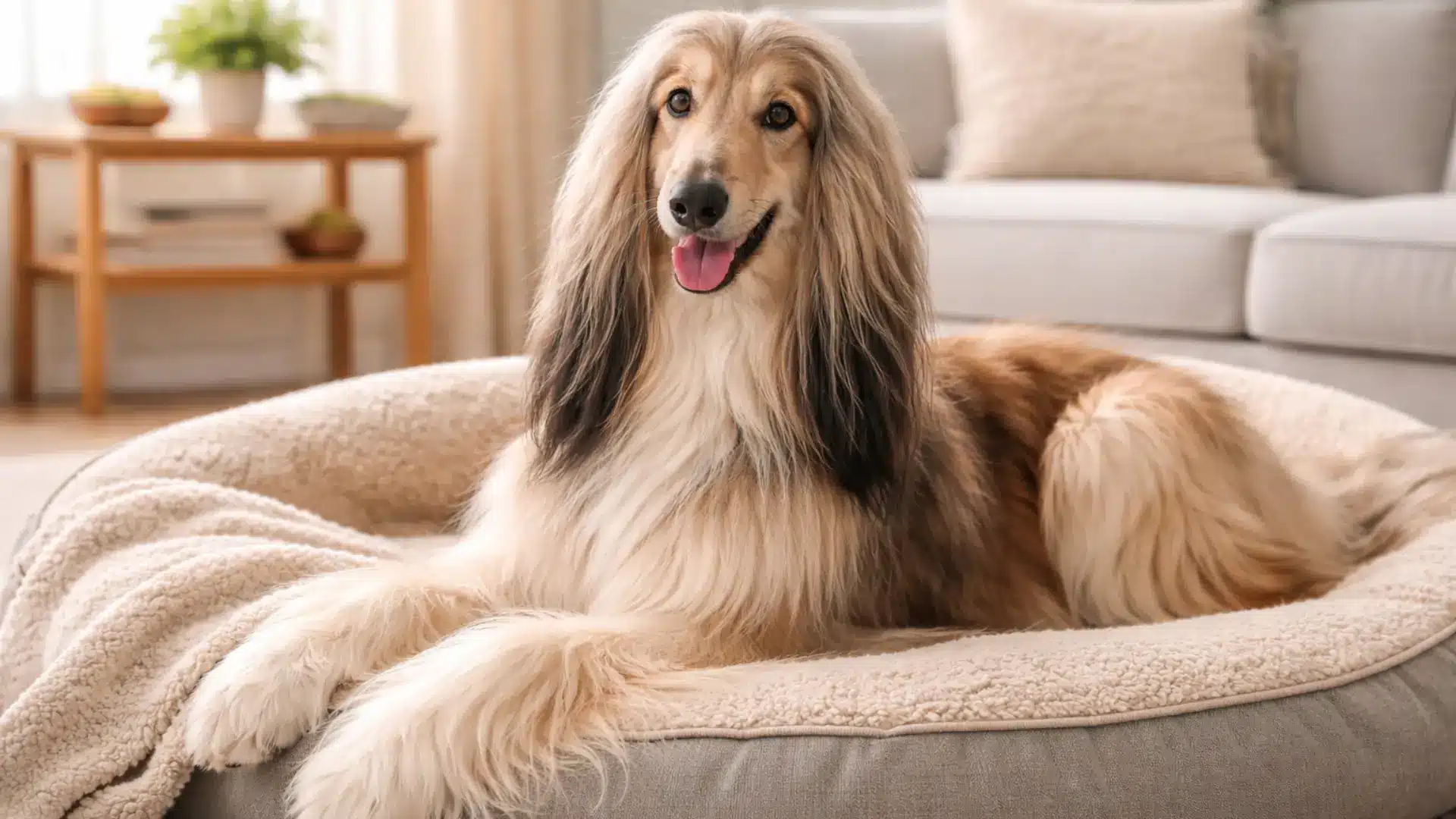 Afghan Hound lying on a soft dog bed indoors, long silky coat spread across the cushion in a calm living room