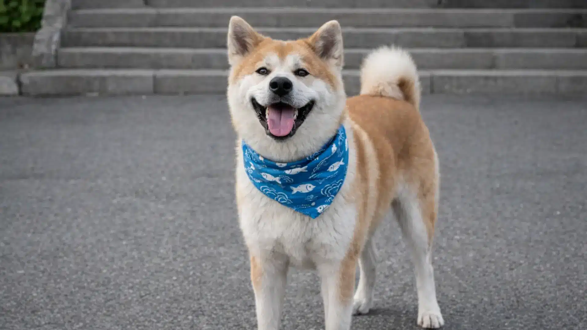 Akita dog standing on pavement wearing blue bandana with steps in background and tongue out