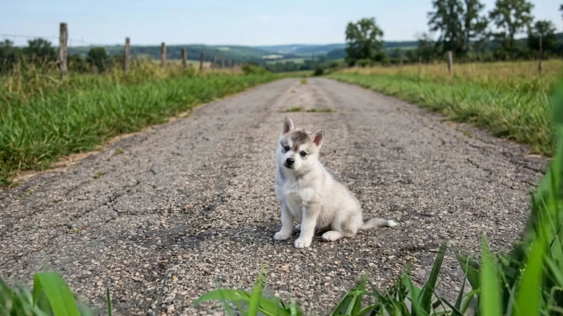 Alaskan Klee Kai sitting on a quiet rural road surrounded by grass fields and distant trees under a clear sky