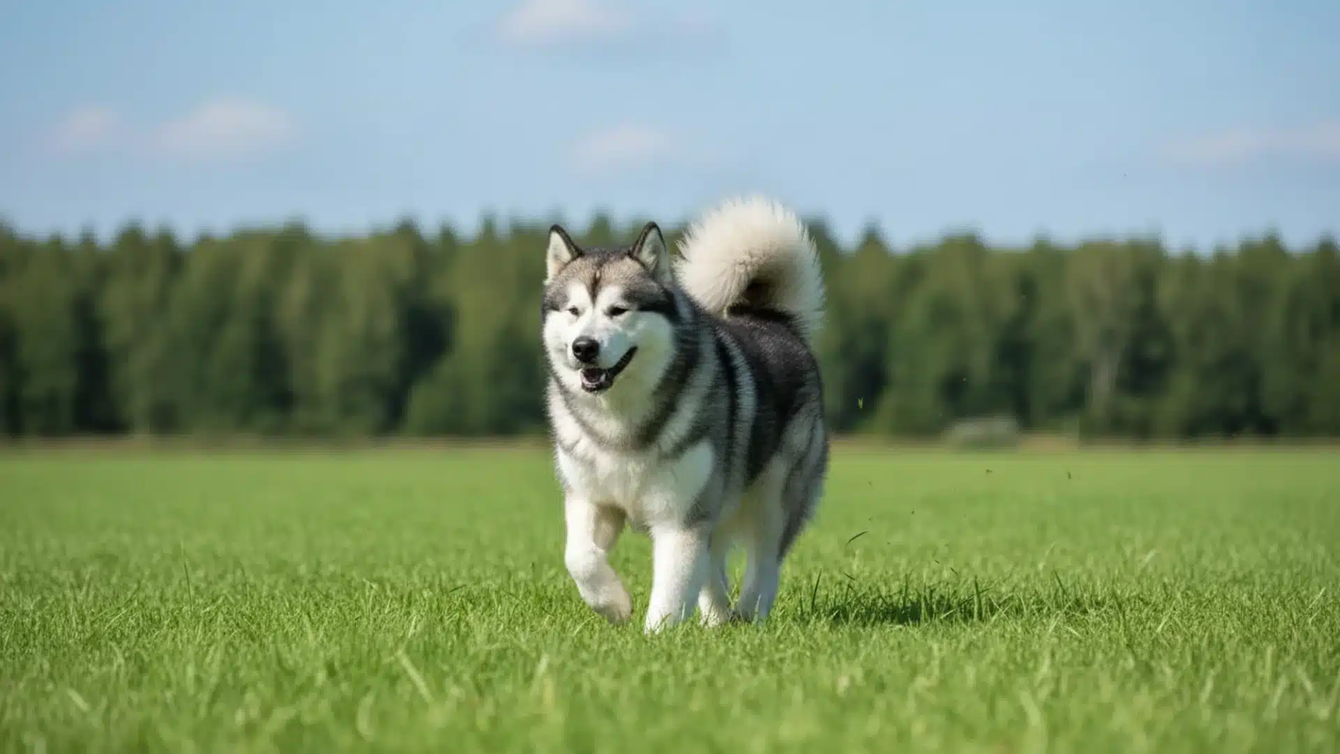 Alaskan Malamute running across a green grassy field with trees in the background under clear sky