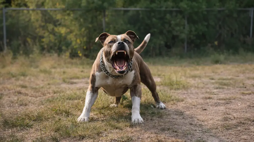 American Pit Bull Terrier barking aggreively with mouth open and chain collar standing on dry grass in fenced yard