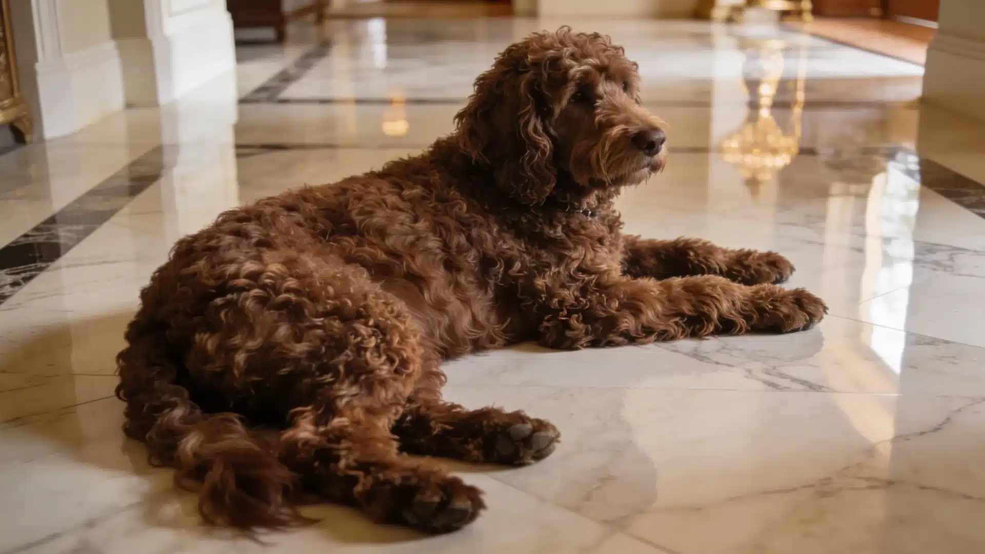 American Water Spaniel with curly brown coat lying calmly on a polished marble floor indoors