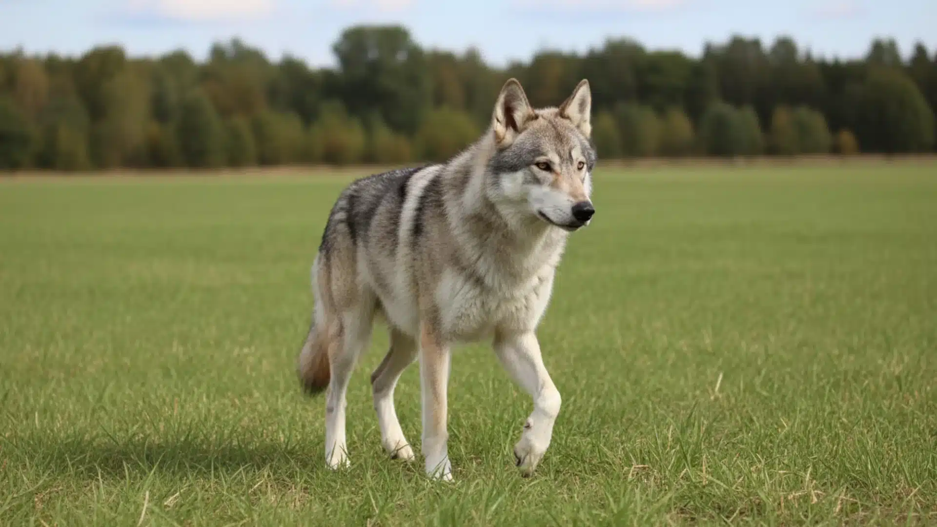 American Wolfdog walking across a green grass field with trees in the background under natural daylight
