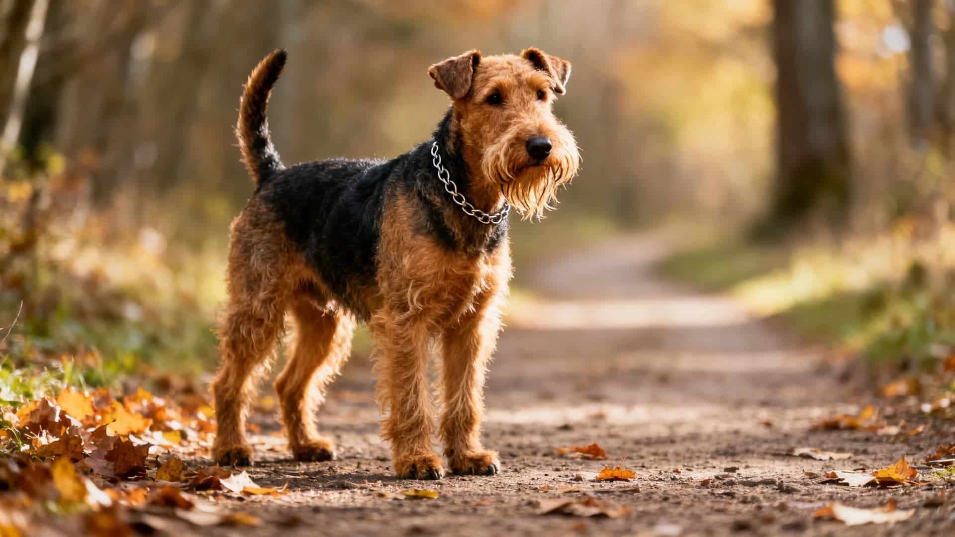 An Airedale Terrier standing on a dirt path in a natural outdoor setting