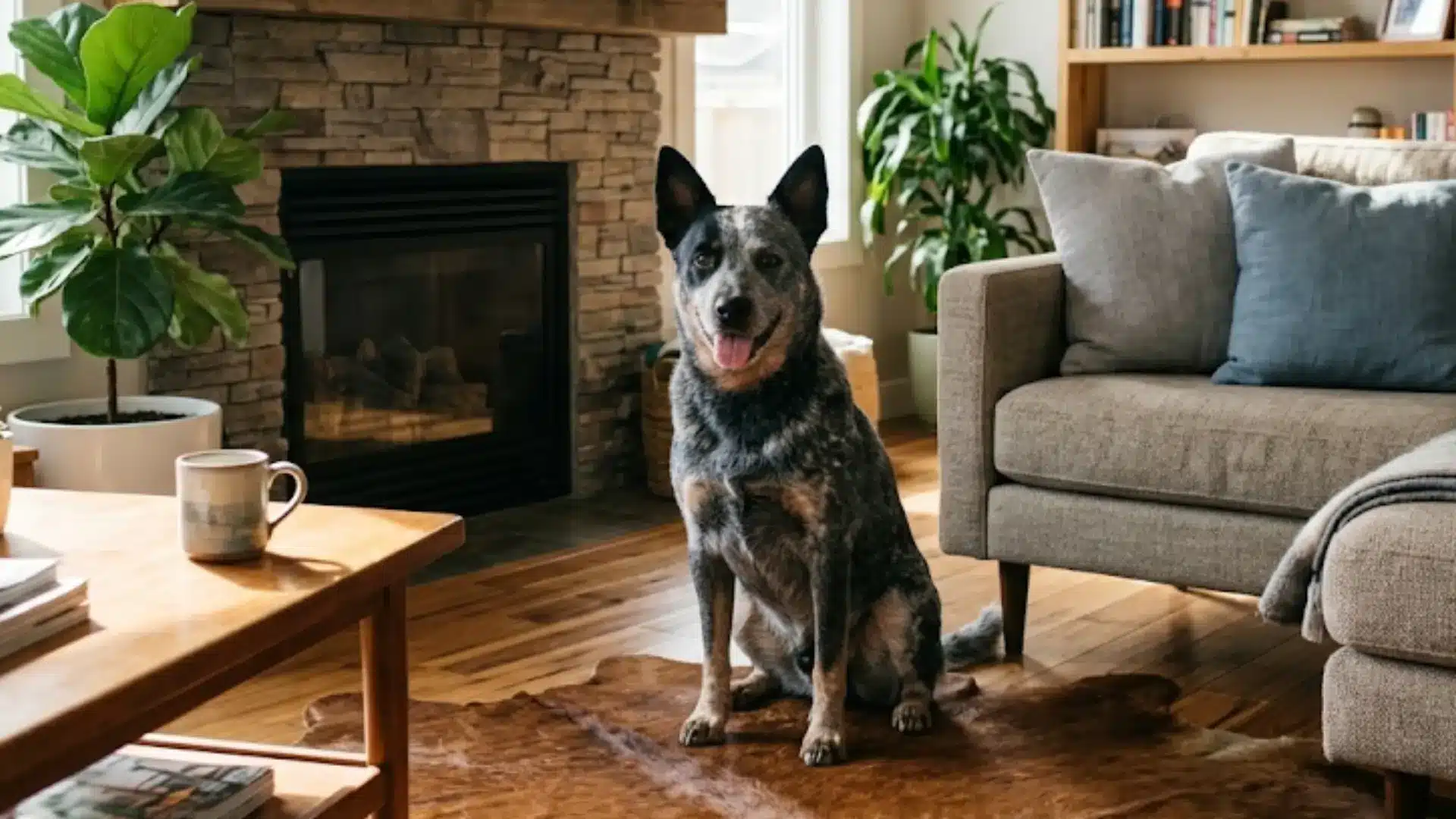 An Australian Cattle Dog sits on a rug in a sunlit living room with a fireplace, plants, and shelves.