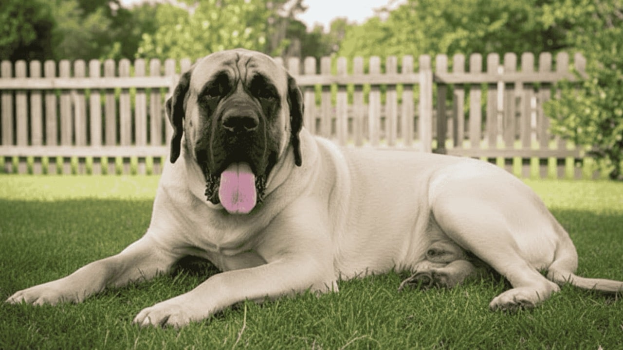 An English Mastiff lying on green grass in a suburban backyard with a wooden fence. - 2