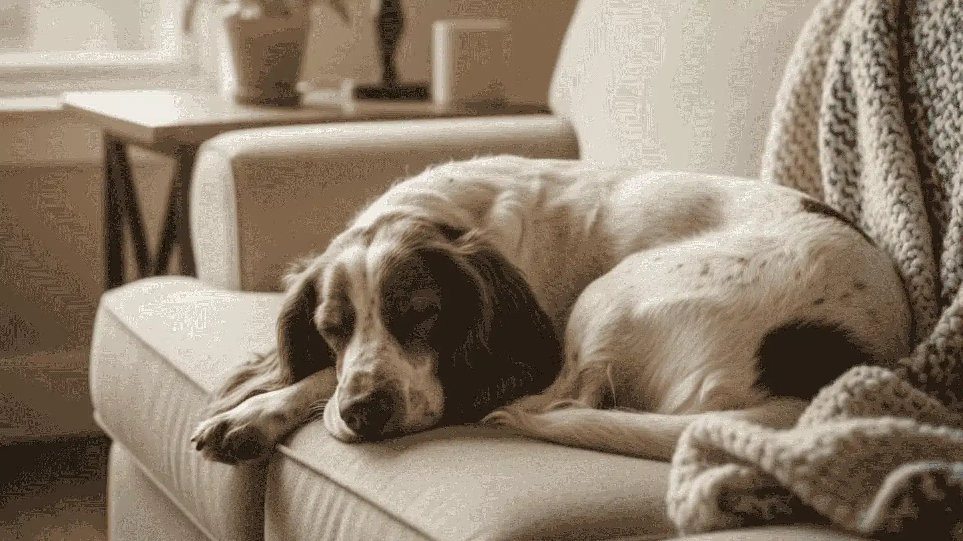 An English Springer Spaniel curled up and sleeping peacefully on a neutral-colored sofa
