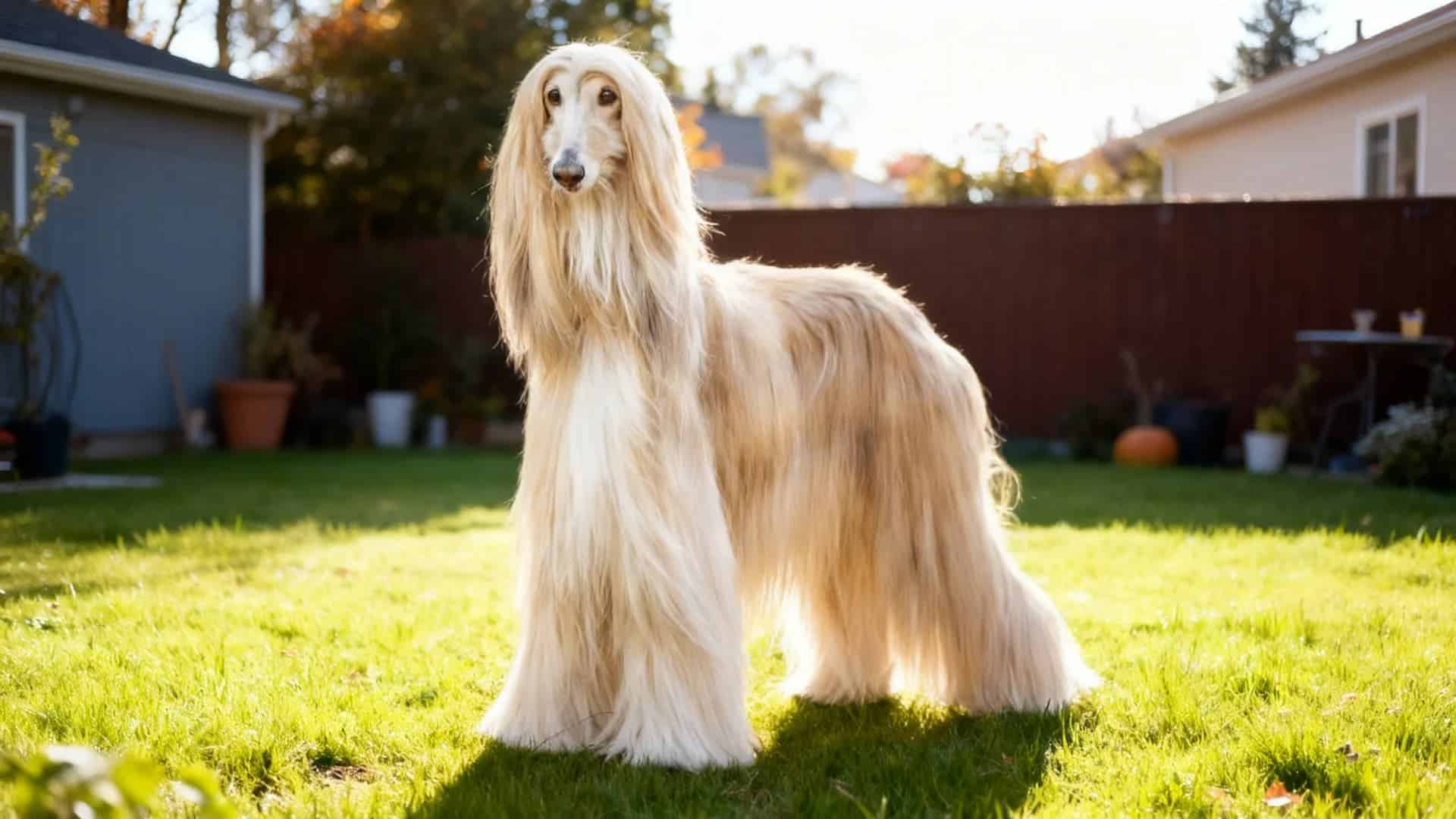 An elegant Afghan Hound standing in a forest during autumn, long silky cream and golden coat flowing to the ground