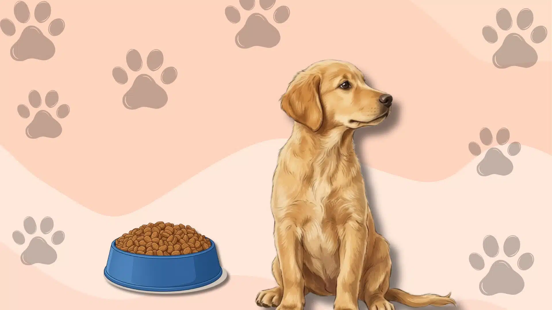 An illustration of a golden-colored puppy, likely a Golden Retriever or Labrador, sitting patiently on a light peach-colored background