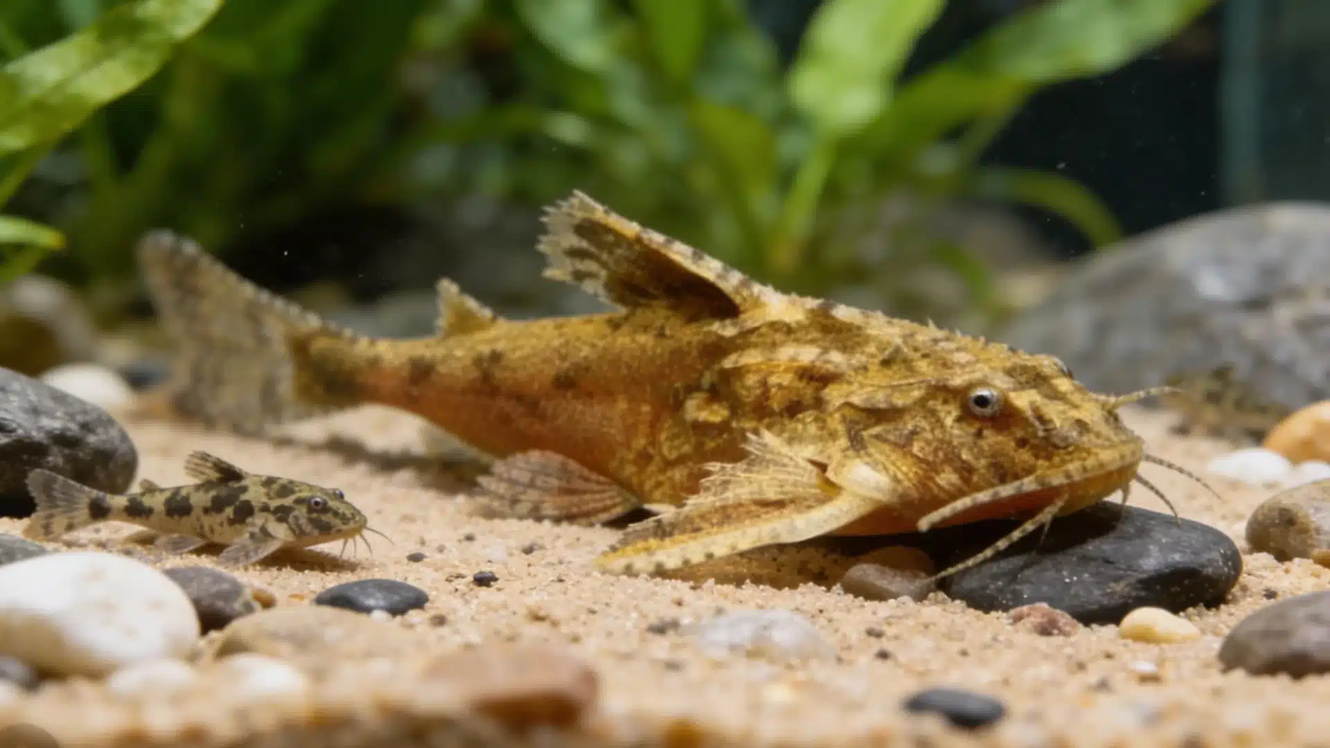 Asian stone catfish resting on sandy aquarium substrate with plants and pebbles beside a small fish