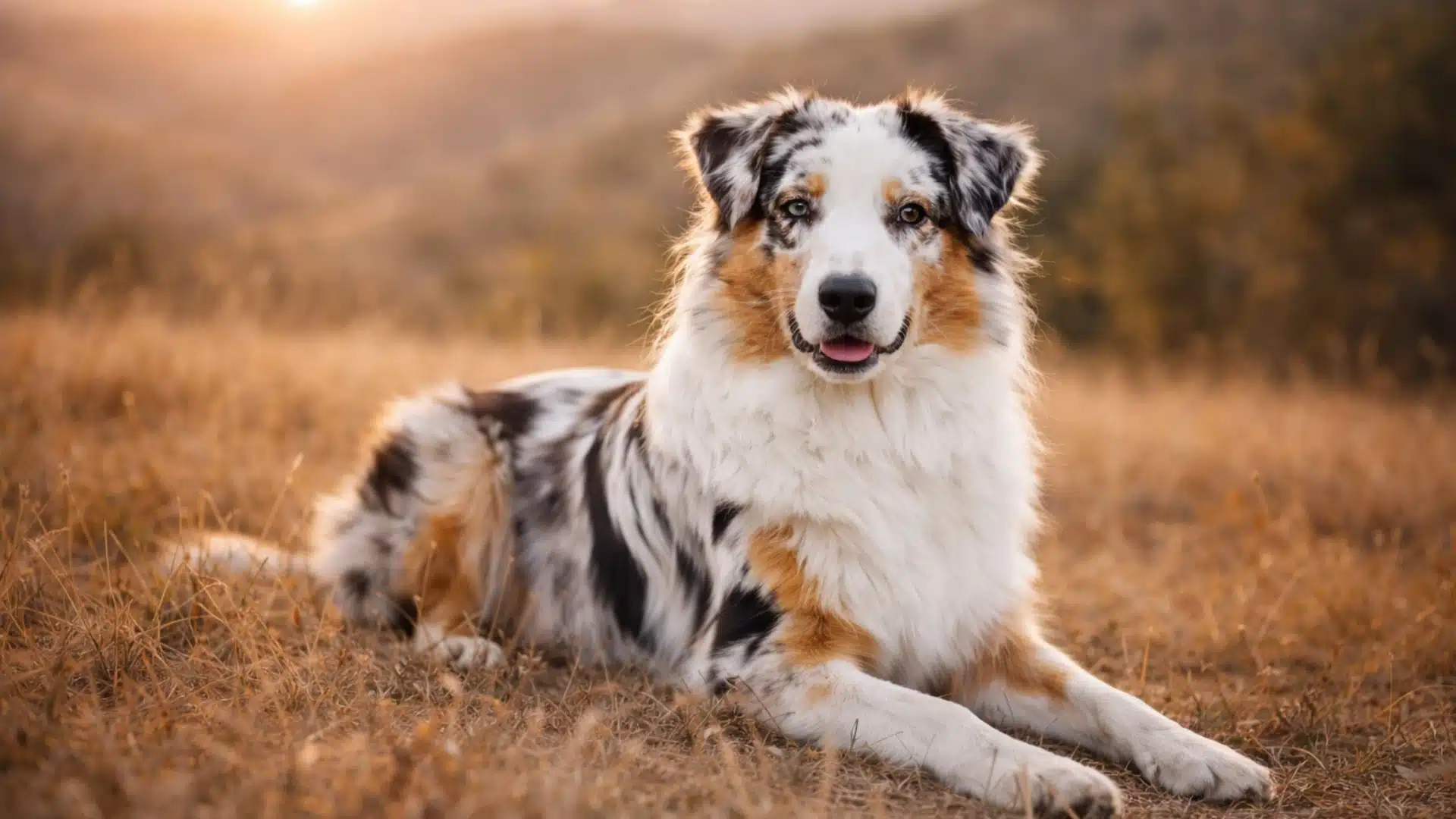 Australian Shepherd lying in a dry grassy field at sunset with mountains in the blurred background