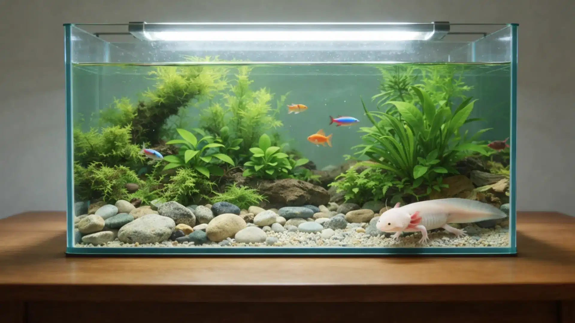 Axolotl aquarium on a wooden table with green aquatic plants, and smooth stones inside clear tank