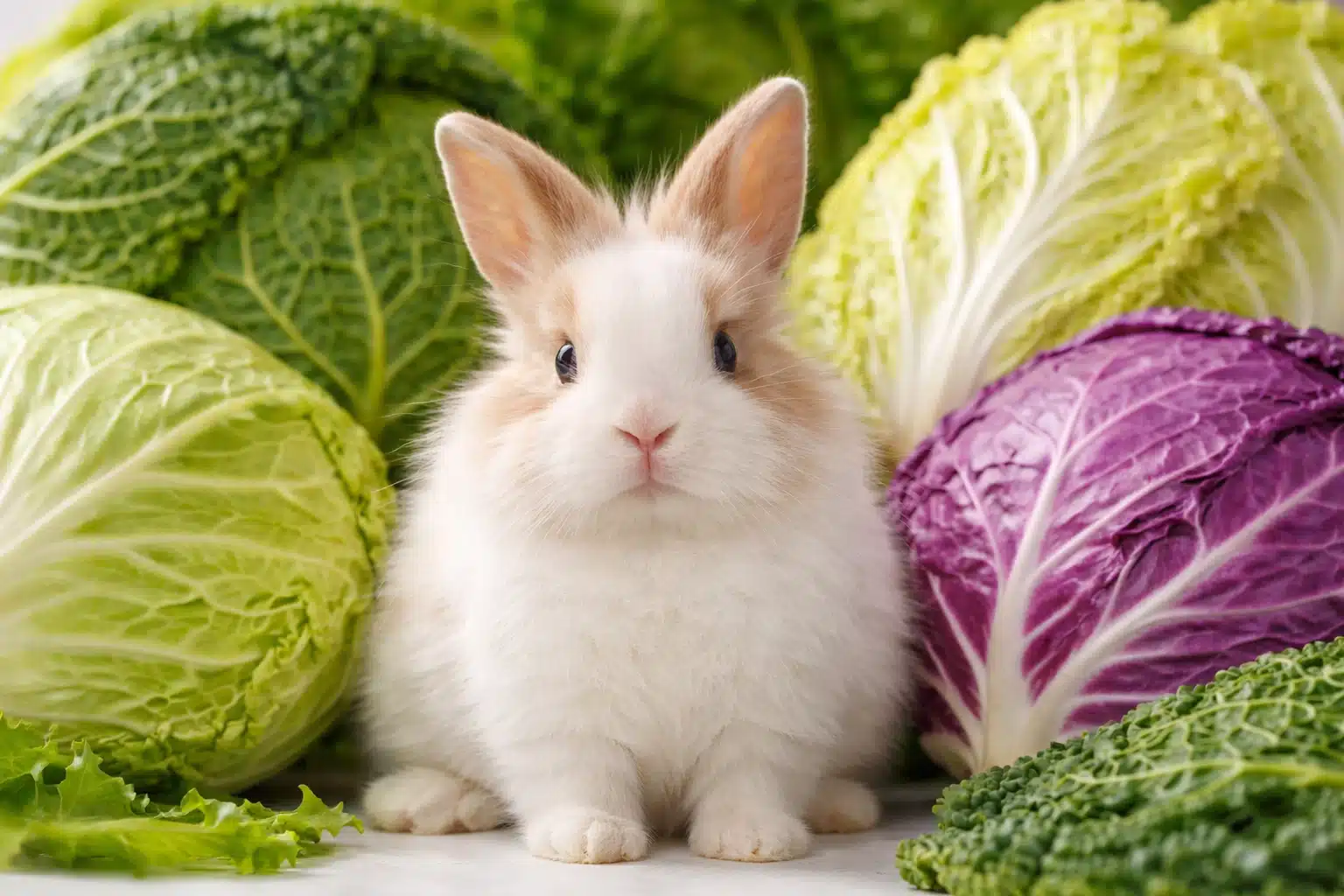 Baby rabbit sitting among green and purple cabbage with fresh leafy vegetables