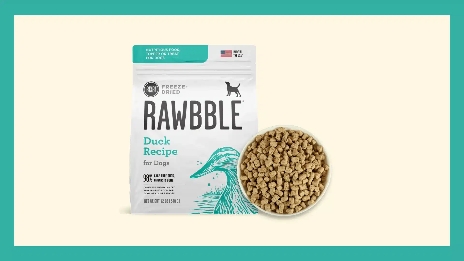 Bag of Bixbi duck recipe rawbble freeze dried dog food with a bowl of dog food