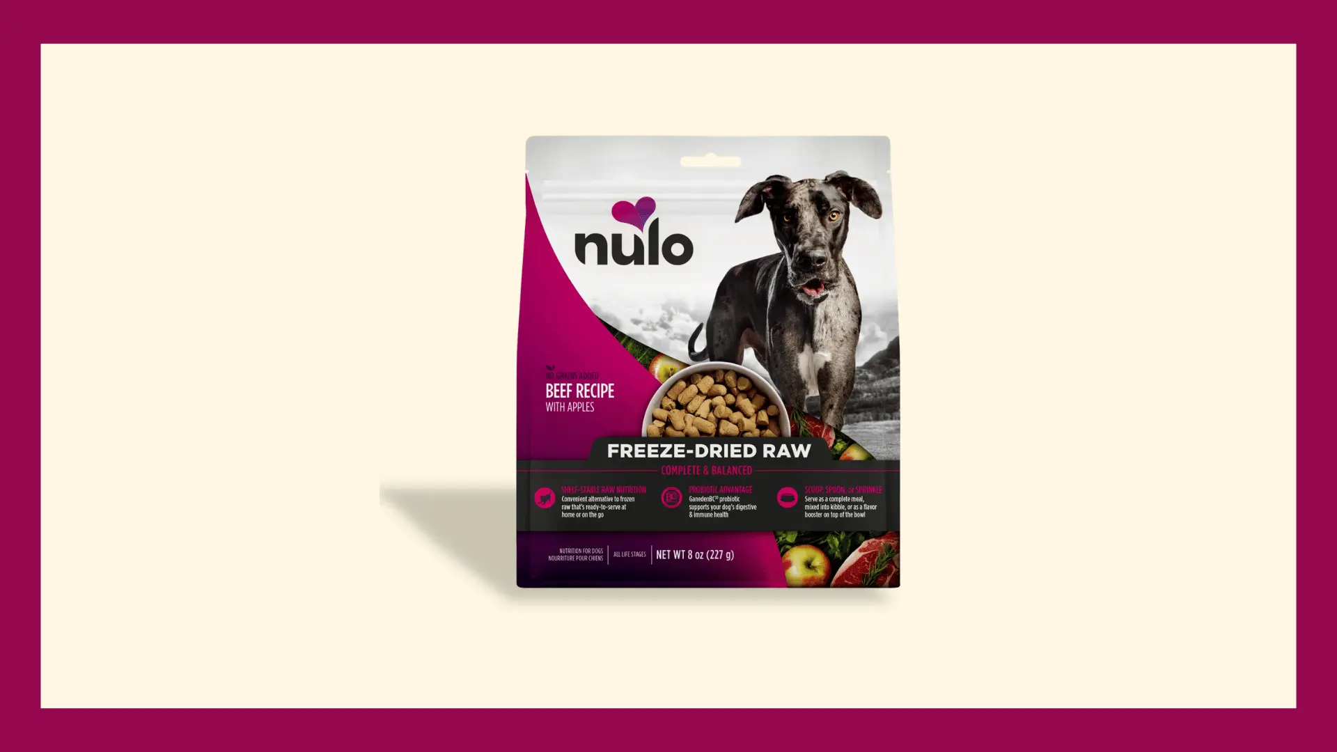 Bag of Nulo freeze dried raw dog food with beef and apples