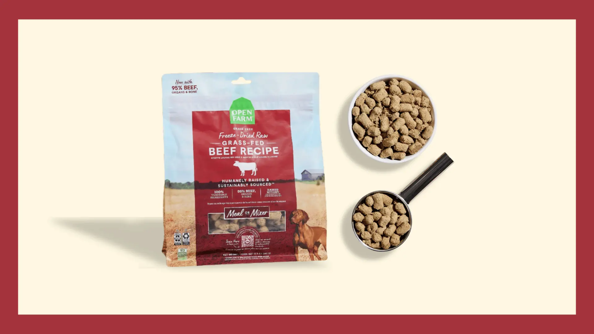 Bag of Open Farm grass-fed beef recipe freeze dried dog food with a bowl and scooping spoon