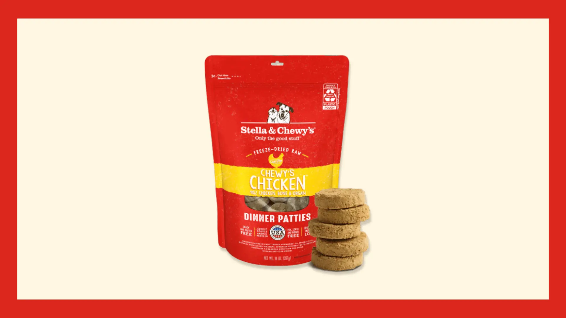 Bag of Stella & Chewy’s freeze-dried raw chewy’s chicken dinner patties for dogs with stack of patties