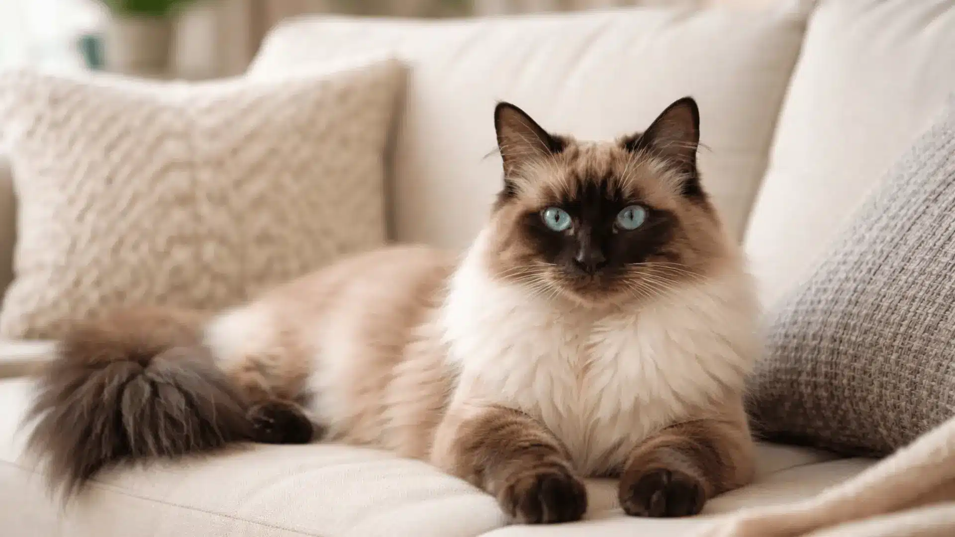 Balinese cat with blue eyes lying on a beige sofa in a softly lit living room