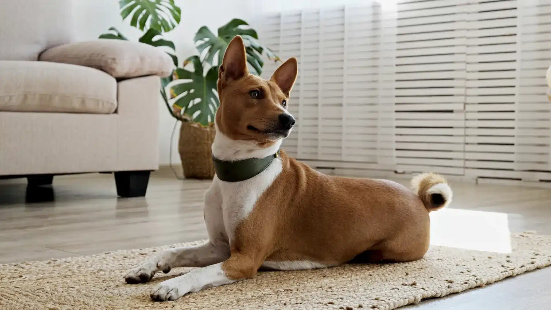 Basenji lying on a woven rug in a bright modern living room with sofa and indoor plants in background